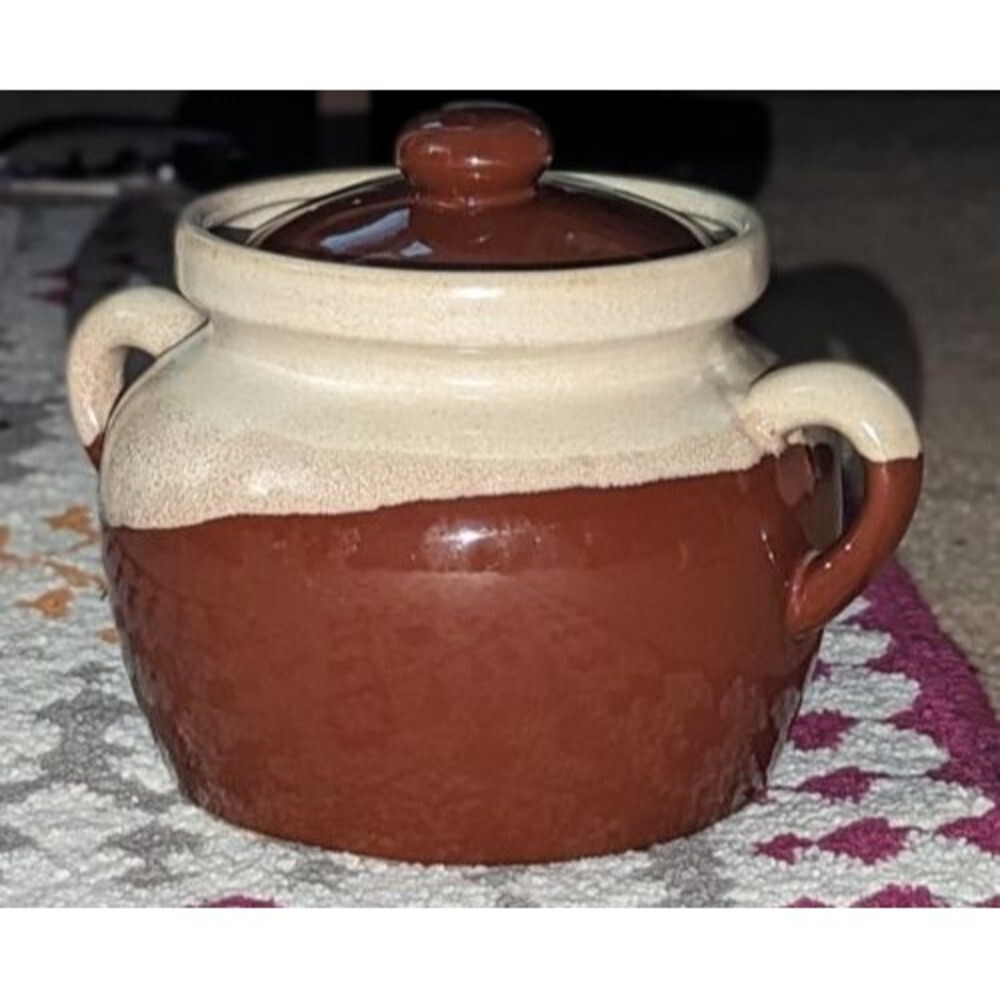 Vintage Nantucket Brown Tones Stoneware Bean Crock Pot‎ with Double Handles